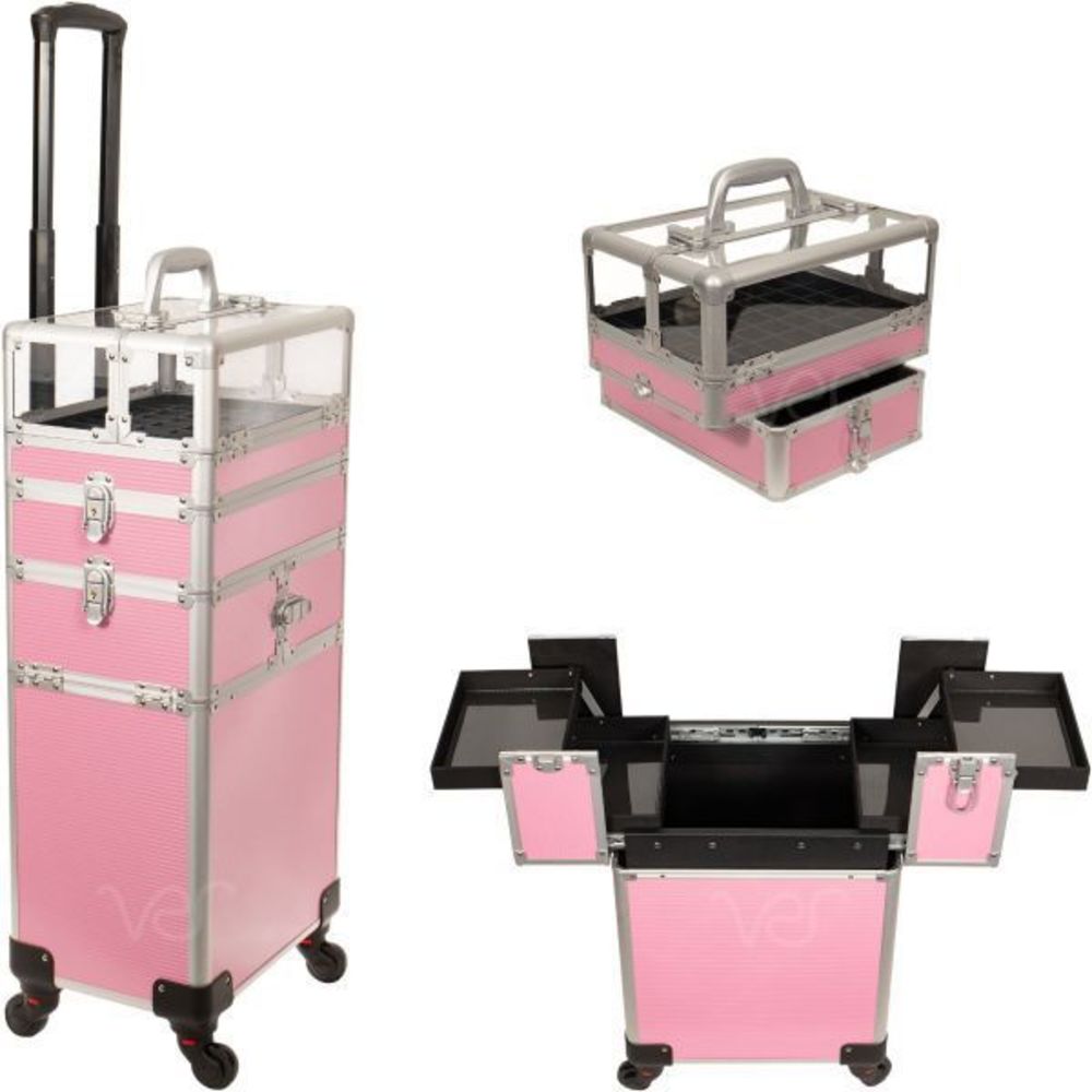Pink Aluminum Rolling Cosmetics Case with Wheels 3 Stackable 2-Tier Accordion
